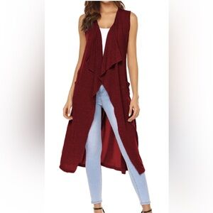 NWT- URRU-XL-wine red, sleeveless,open front,belted, long,cardigan sweater vest.